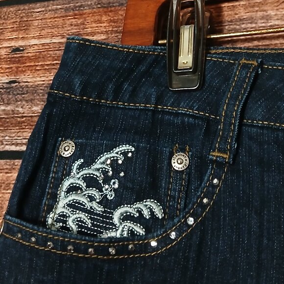 JeanBay Capri Jeans Plus Size 14 W Dark Ramie Denim Embroidered Wave - Picture 6 of 11